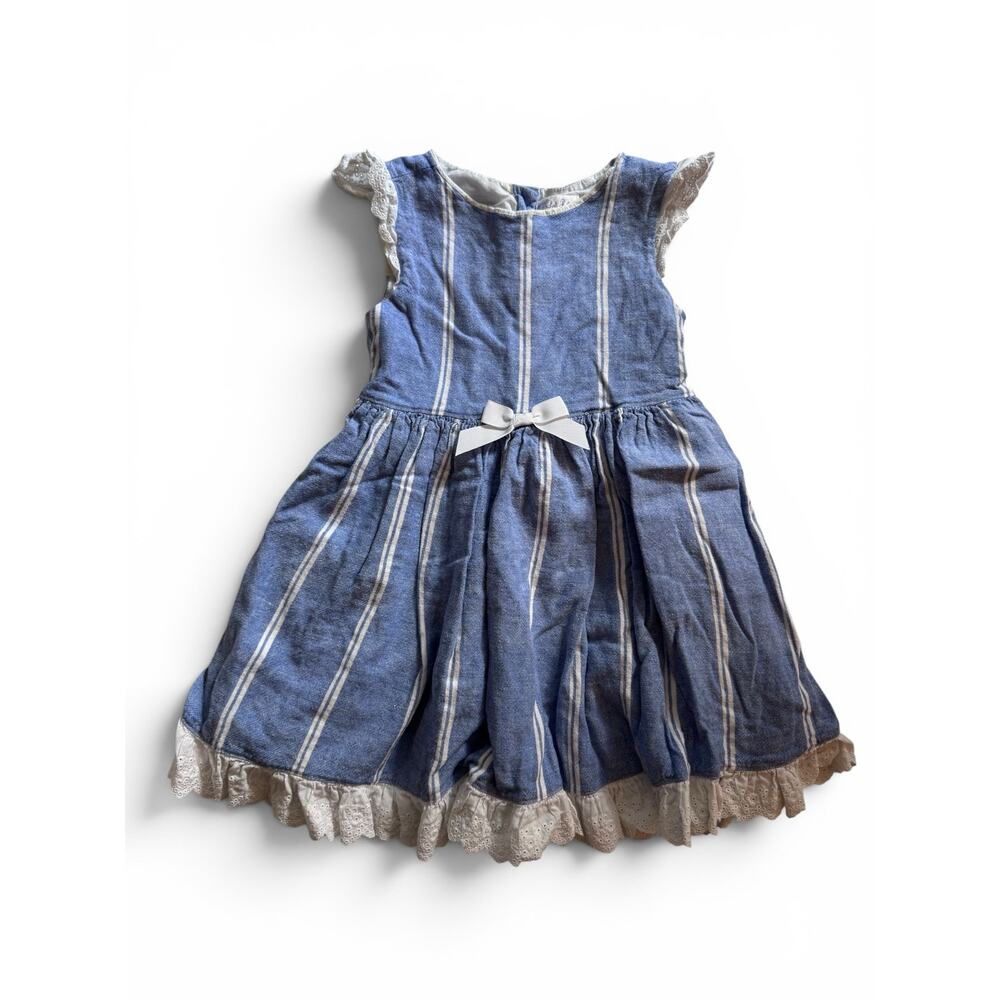 Rachel Riley blue & white stripe dress with eyelet ruffles